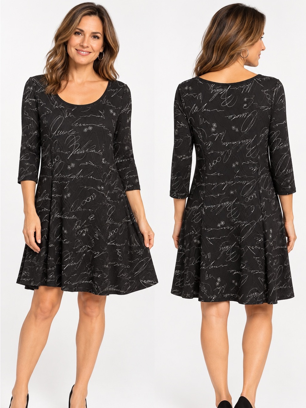 Studio Women’s Black Script Print A-Line Dress 3/4 Sleeve XL Made in Canada
A1-7